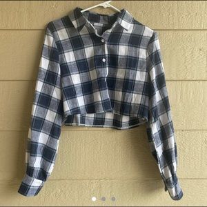 Cropped Long-Sleeve Plaid Button Up
